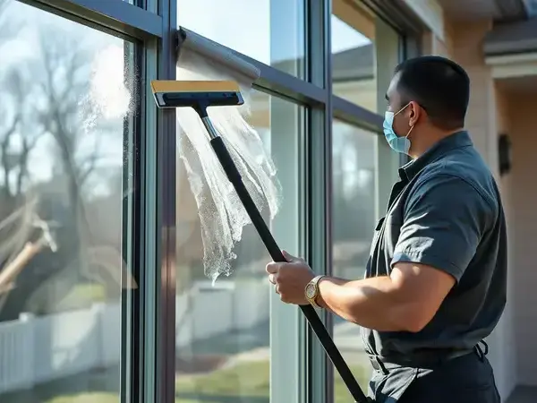 Professional window cleaning in progress